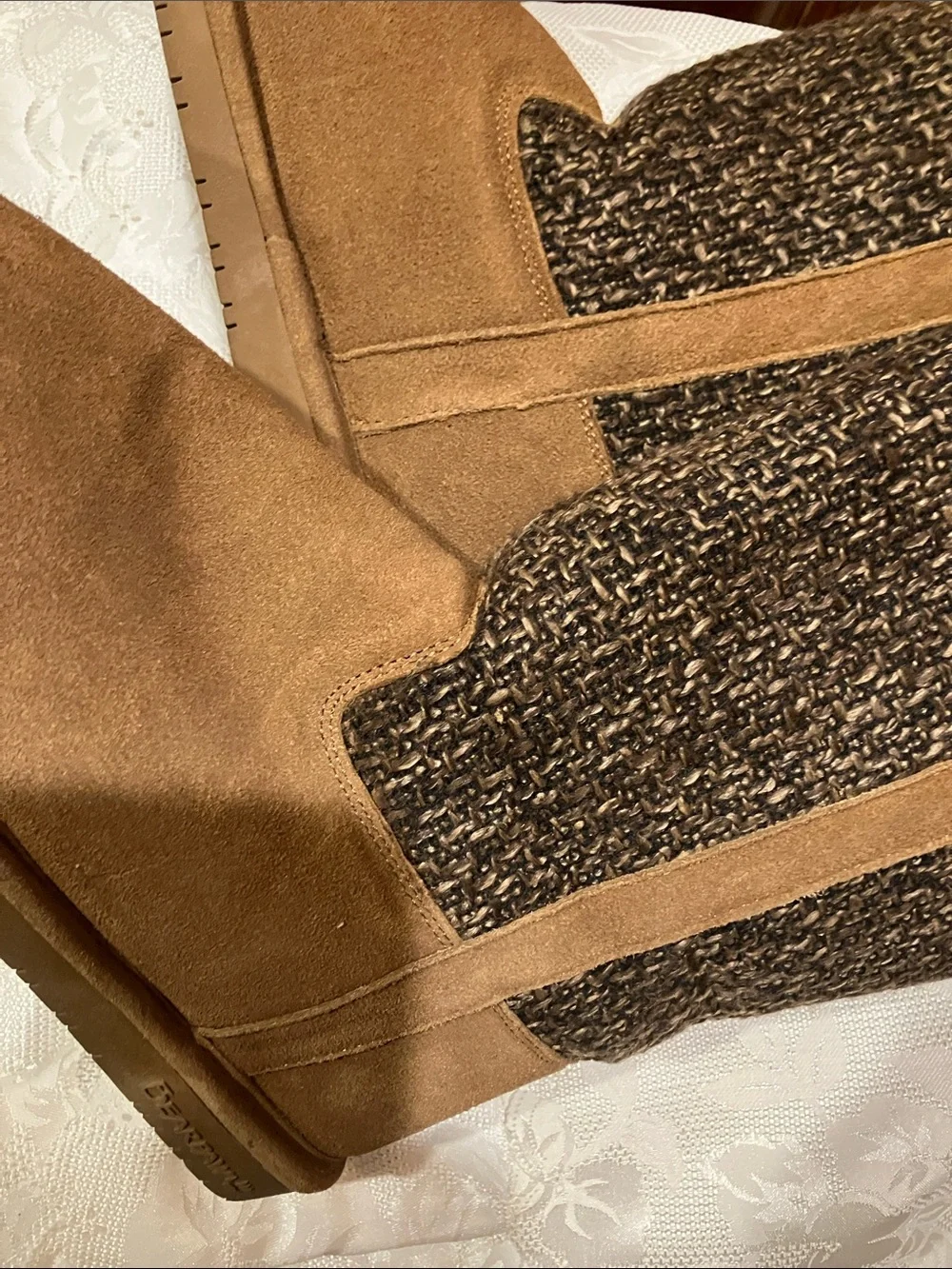 BearPaw Tan Suede and Charcoal Knit Winter Boots